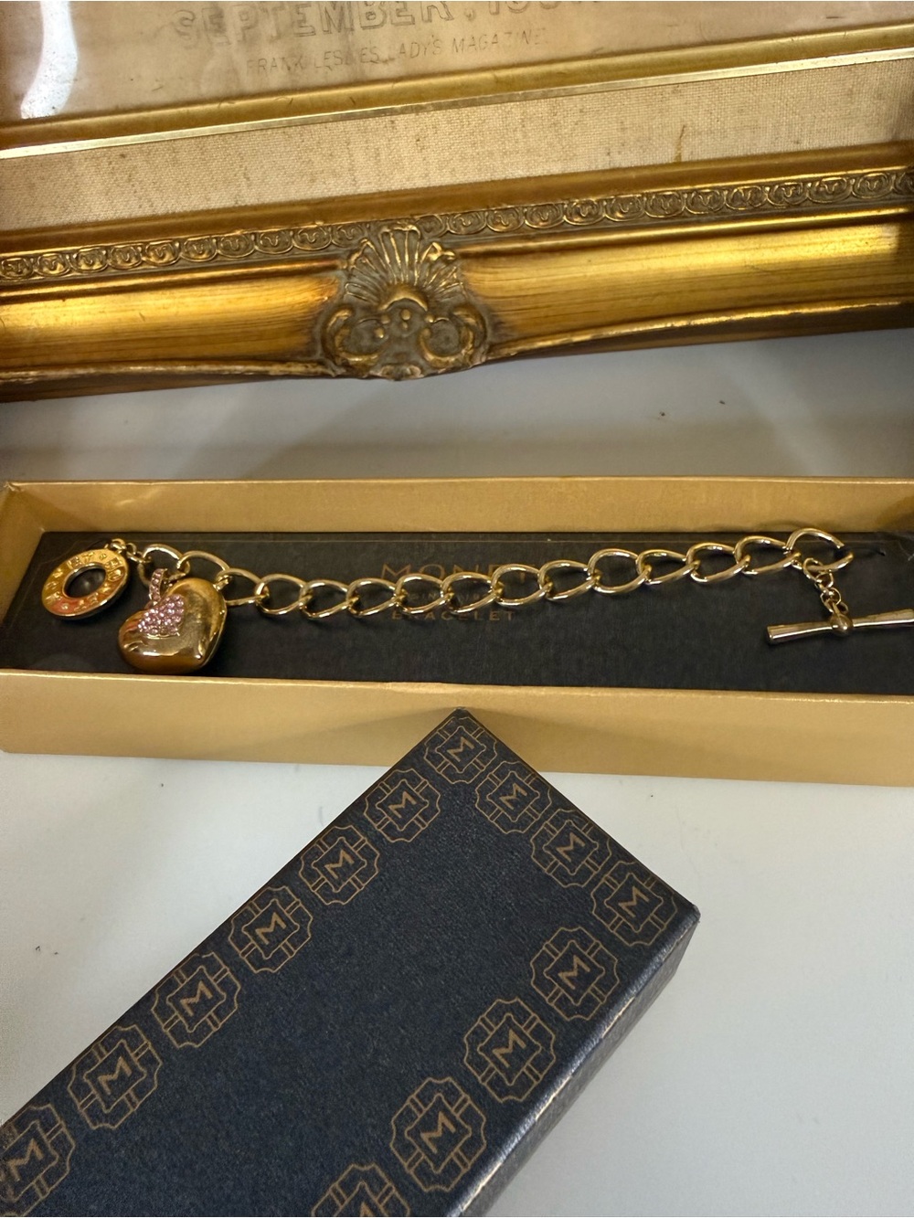 Vintage Monet NOS Gold Tone Heart Locket Charm Bracelet NIB